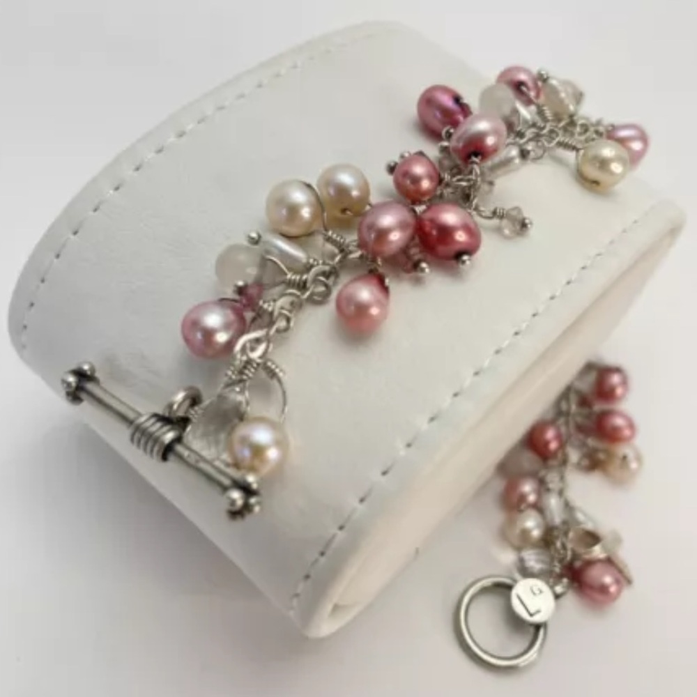 Sterling Silver & Pearls 7.5" Bracelet Laura Gibson Breast Cancer Awareness - Picture 3 of 7